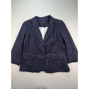 Talbots Navy Blue Eyelet Lace Blazer Womens Size 14 3/4 Sleeve Cotton Jacket